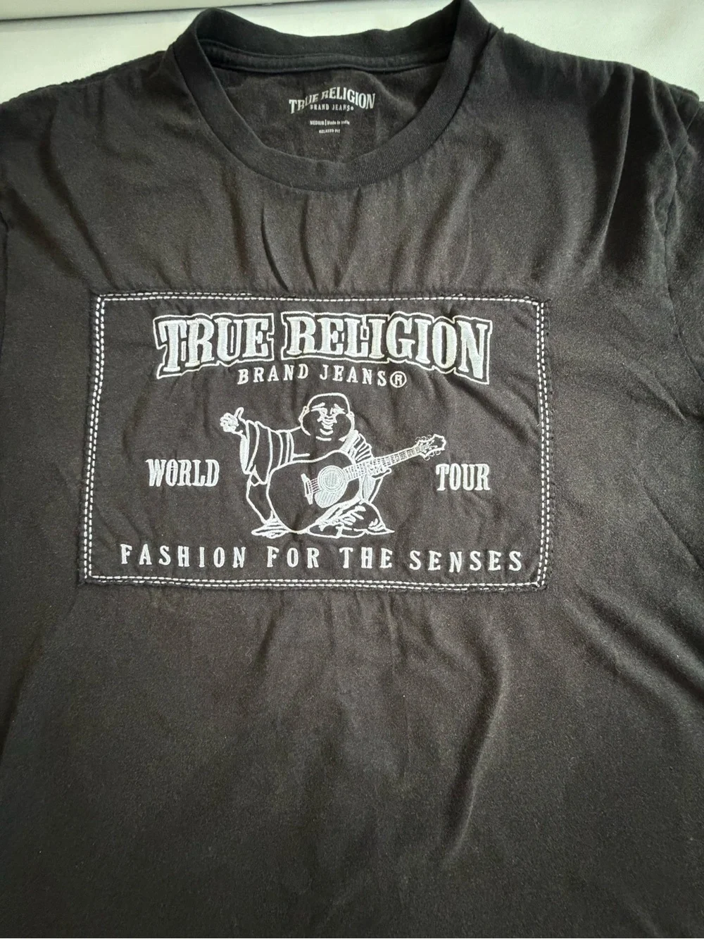 True Religion Mens Black Graphic Logo Relaxed Fit Crew Neck TShirt Size M